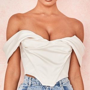 House of CB Silva Ivory Satin Draped Shoulder Corset Top